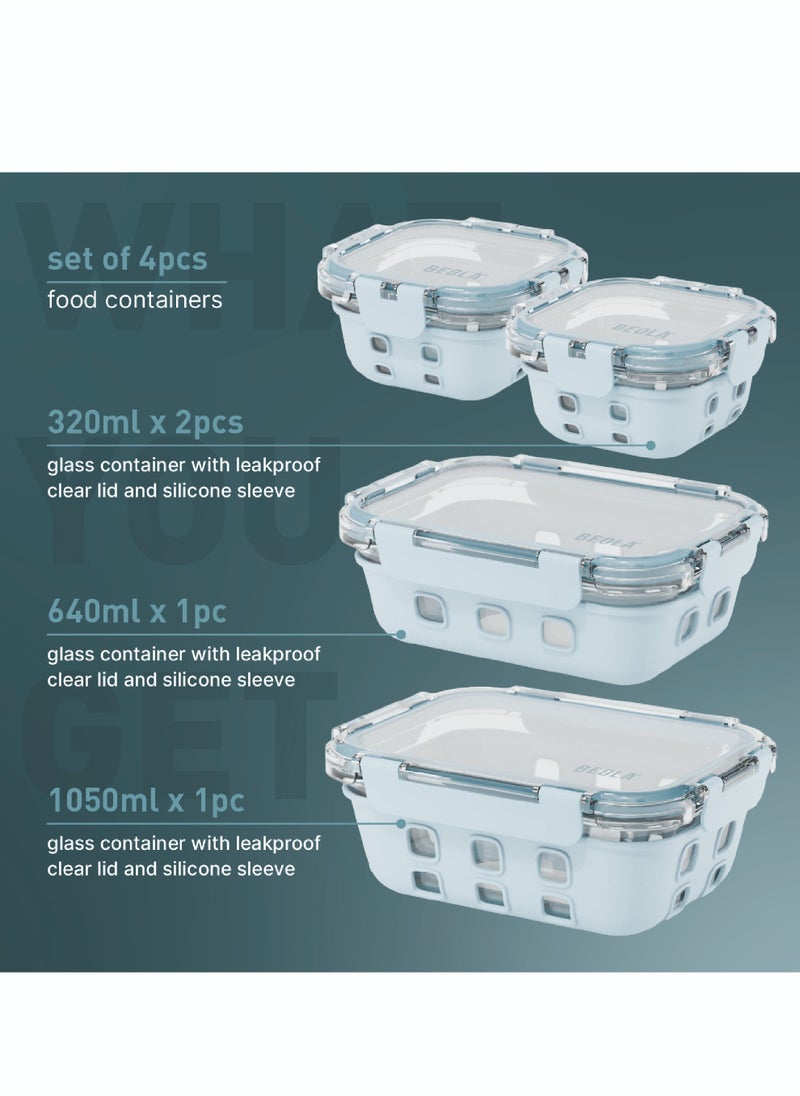 BEOLA Set of 4 Glass Food Storage Containers with Airtight Lids and Silicone Protection, Leakproof Food Organizer, Freezer, Dishwasher, Microwave Safe, Kitchen Organizer for Food, BPA FREE (Ice Blue)  - Image 2