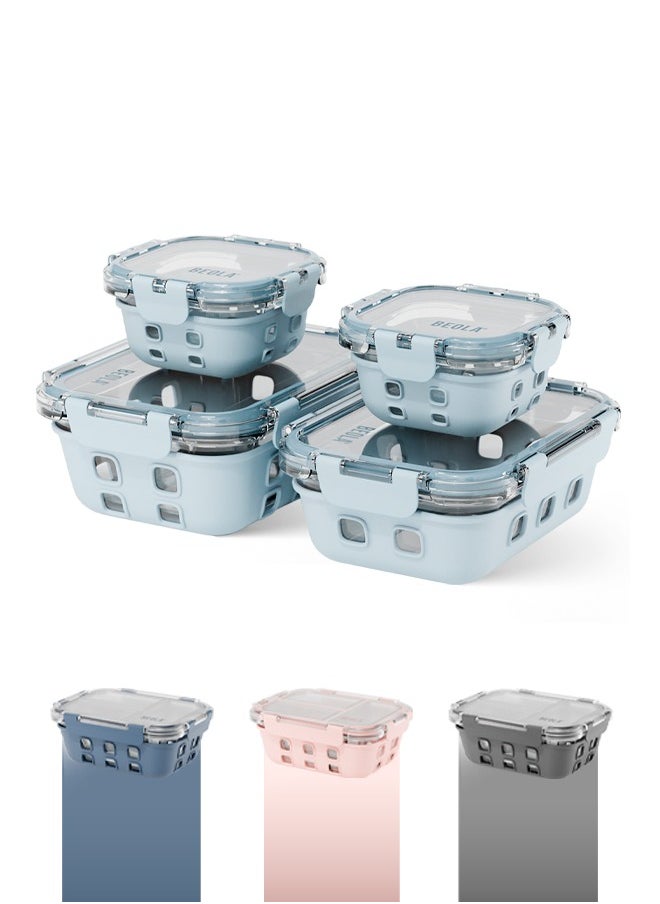 BEOLA Set of 4 Glass Food Storage Containers with Airtight Lids and Silicone Protection, Leakproof Food Organizer, Freezer, Dishwasher, Microwave Safe, Kitchen Organizer for Food, BPA FREE (Ice Blue)  - Image 1
