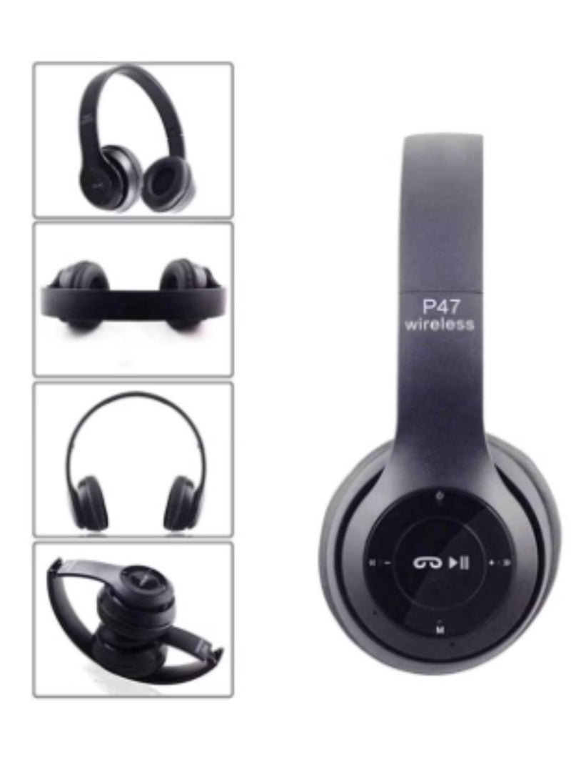 تصميم جديد P47 5.0+EDR سماعة رأس لاسلكية بلوتوث على الأذن 5.0 بلوتوث راديو Fm / مشغل MP3 Aux أسود - Image 3