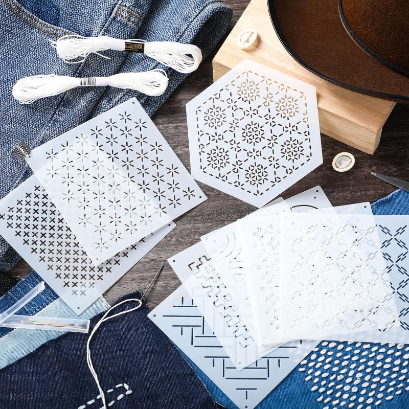 Yousoontic 24 Pcs 4.7 x 4.7 Inch Plastic Sashiko Stencil Kit with Sashiko Thimble and Needles Thread Geometric Pattern Template Drawing Line Embroidery Pattern for Hand Quilting and Embroidery - Image 4