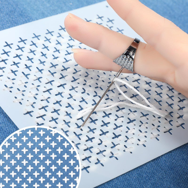 Yousoontic 24 Pcs 4.7 x 4.7 Inch Plastic Sashiko Stencil Kit with Sashiko Thimble and Needles Thread Geometric Pattern Template Drawing Line Embroidery Pattern for Hand Quilting and Embroidery - Image 5