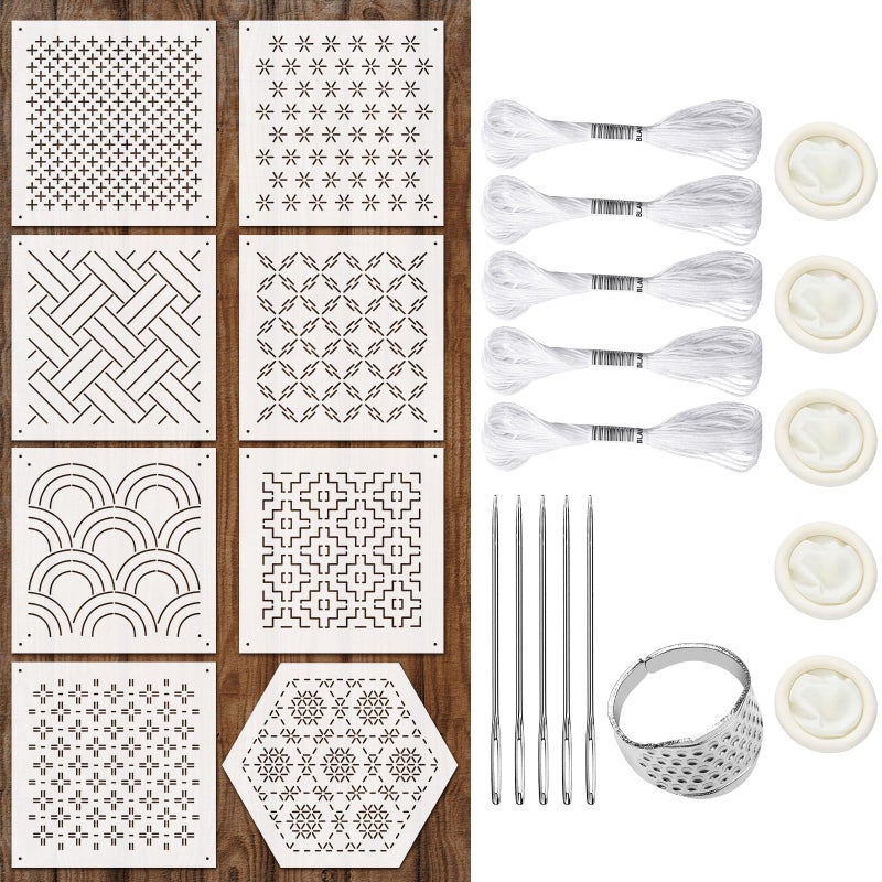 Yousoontic 24 Pcs 4.7 x 4.7 Inch Plastic Sashiko Stencil Kit with Sashiko Thimble and Needles Thread Geometric Pattern Template Drawing Line Embroidery Pattern for Hand Quilting and Embroidery - Image 1