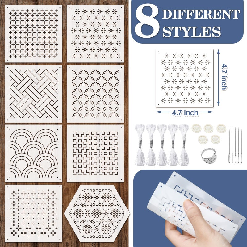 Yousoontic 24 Pcs 4.7 x 4.7 Inch Plastic Sashiko Stencil Kit with Sashiko Thimble and Needles Thread Geometric Pattern Template Drawing Line Embroidery Pattern for Hand Quilting and Embroidery - Image 2