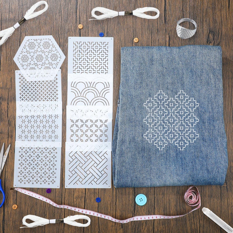 Yousoontic 24 Pcs 4.7 x 4.7 Inch Plastic Sashiko Stencil Kit with Sashiko Thimble and Needles Thread Geometric Pattern Template Drawing Line Embroidery Pattern for Hand Quilting and Embroidery - Image 3