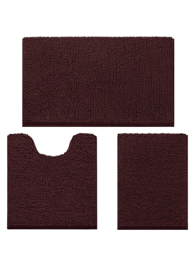 HOMEIDEAS HOMEIDEAS 3 Pieces Bathroom Rugs, Ultra Soft Non Slip Absorbent Chenille Toilet Bath Mat Set (Brown) - Image 1