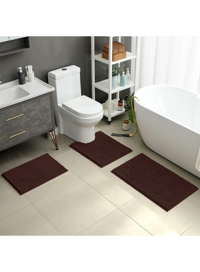 HOMEIDEAS HOMEIDEAS 3 Pieces Bathroom Rugs, Ultra Soft Non Slip Absorbent Chenille Toilet Bath Mat Set (Brown) - Image 2