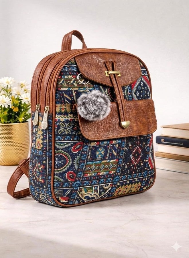 NPRC Boho Ethnic Printed Backpack, Blue Multicolour Tapestry Fabric with Brown Vegan Leather Trim, Casual Daypack - Image 3