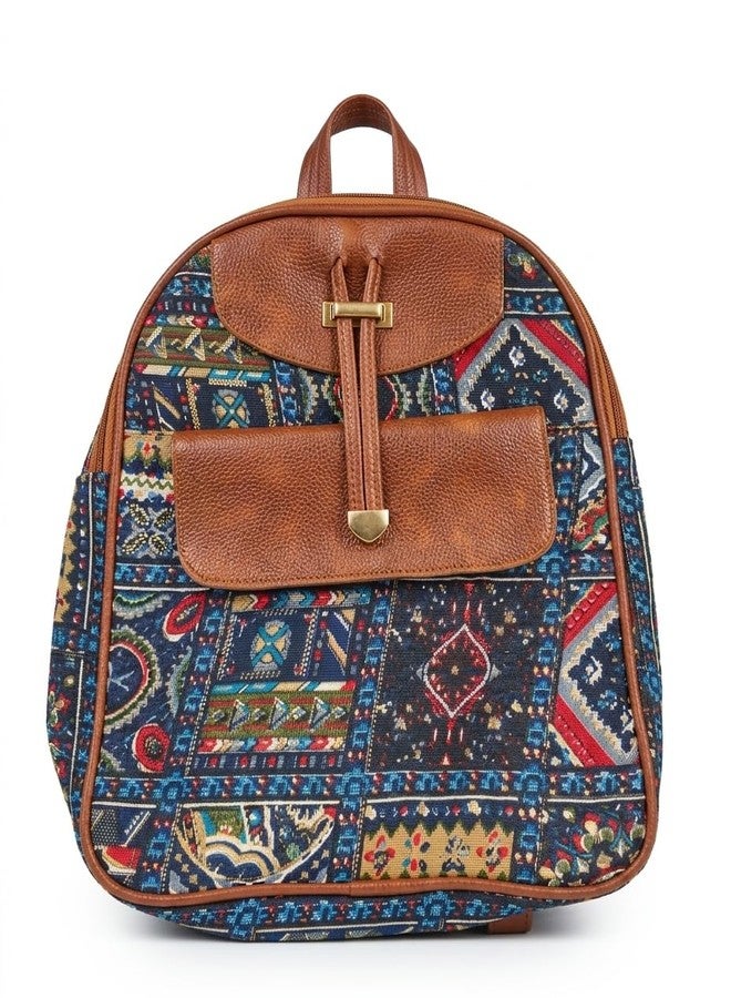 NPRC Boho Ethnic Printed Backpack, Blue Multicolour Tapestry Fabric with Brown Vegan Leather Trim, Casual Daypack - Image 1