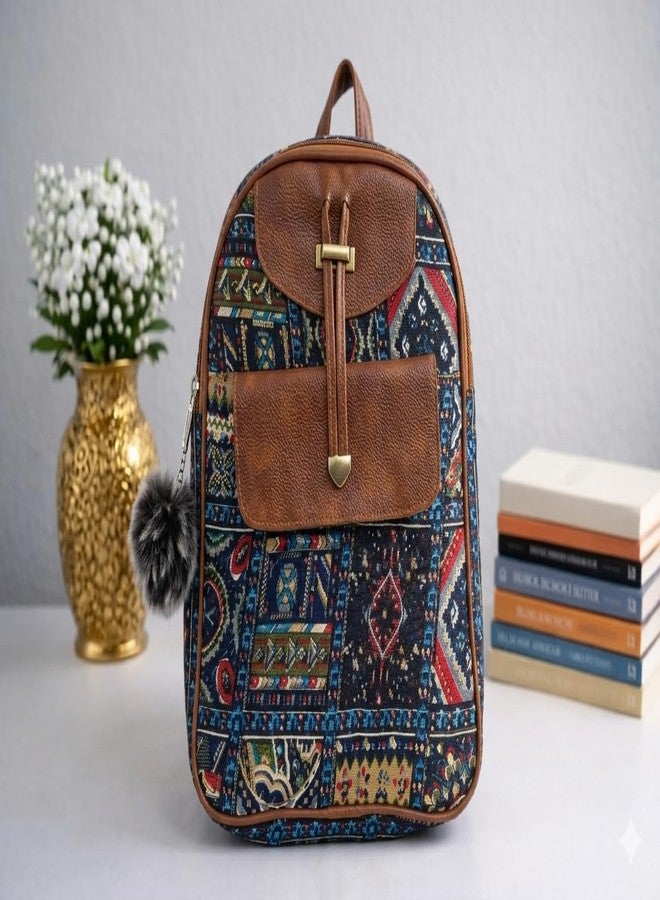 NPRC Boho Ethnic Printed Backpack, Blue Multicolour Tapestry Fabric with Brown Vegan Leather Trim, Casual Daypack - Image 2