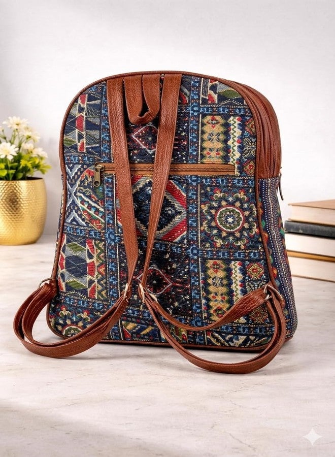 NPRC Boho Ethnic Printed Backpack, Blue Multicolour Tapestry Fabric with Brown Vegan Leather Trim, Casual Daypack - Image 4