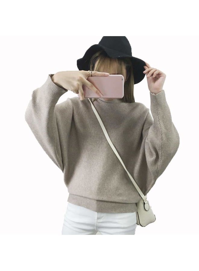 Ckikiou Womens Lightweight Oversized Boat Neck Sweaters Tops Dolman Batwing Sleeve Ribbed Knitted Pullovers, Khaki, One size - Image 3