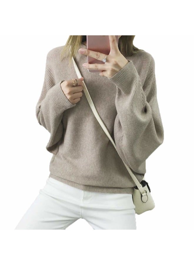 Ckikiou Womens Lightweight Oversized Boat Neck Sweaters Tops Dolman Batwing Sleeve Ribbed Knitted Pullovers, Khaki, One size - Image 2