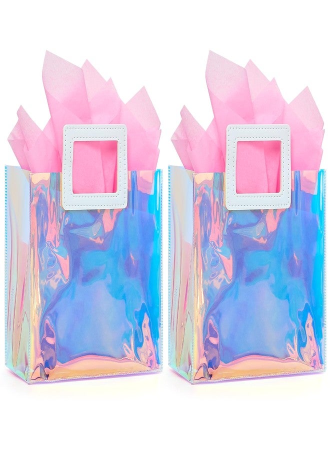 Ohuimrt 2 Pack Holographic Small Gift Bags with Tissue Paper, 7.9 x 8.3 x 3.9 Inch Reusable Birthday Gift Bags for Women Girls Iridescent Bachelorette Party Favor Bags with Handles - Image 1