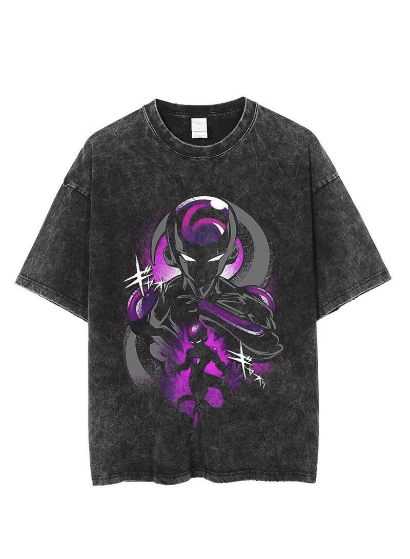 Washed Retro T-shirt Street Hip Hop Anime Dragon Ball Cartoon Print Casual Cotton Summer Short Sleeve - Image 1