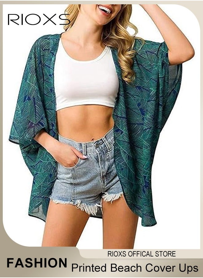 RIOXS - Women Casual Floral Print Beach Cover Ups Short Sleeve Kimono Cardigan Loose Beach Swimsuit Dress - Image 1