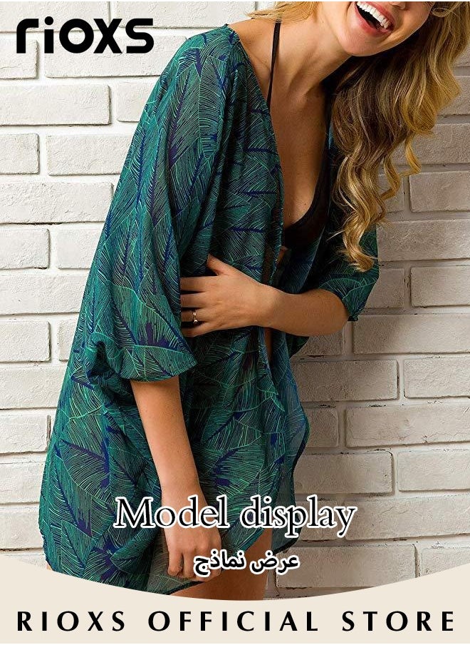RIOXS - Women Casual Floral Print Beach Cover Ups Short Sleeve Kimono Cardigan Loose Beach Swimsuit Dress - Image 1
