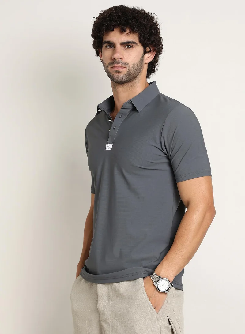 Campus Sutra Men's Moon Grey Seamless Waffle Polo T-Shirt