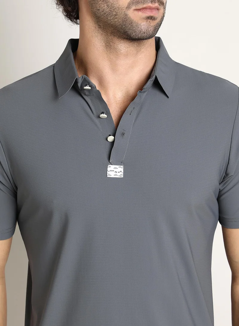 Campus Sutra Men's Moon Grey Seamless Waffle Polo T-Shirt