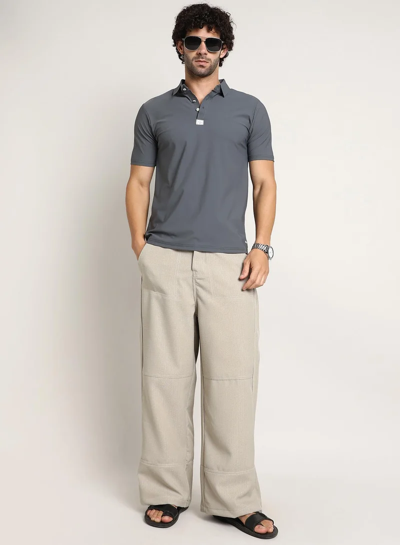 Campus Sutra Men's Moon Grey Seamless Waffle Polo T-Shirt
