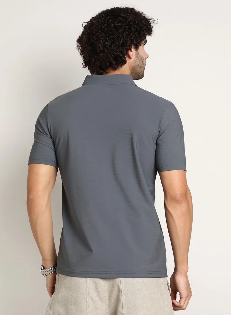 Campus Sutra Men's Moon Grey Seamless Waffle Polo T-Shirt
