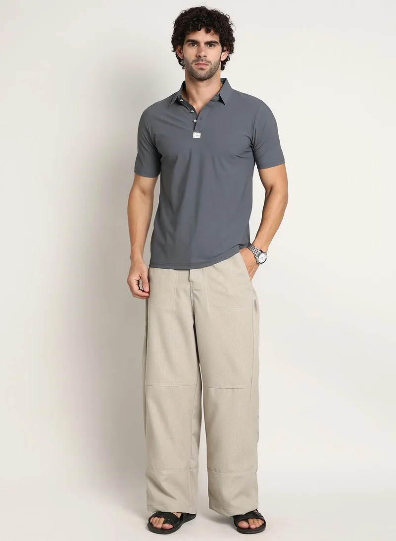 Campus Sutra Men's Moon Grey Seamless Waffle Polo T-Shirt