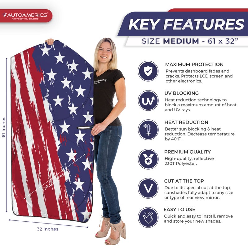 Autoamerics 1-Piece Windshield Sun Shade USA Art Flag - 2 American Design - Foldable Car Front Window Sunshade for Most Sedans SUV Truck - Blocks Max UV Rays and Keeps Your Vehicle Cool - Medium - Image 2