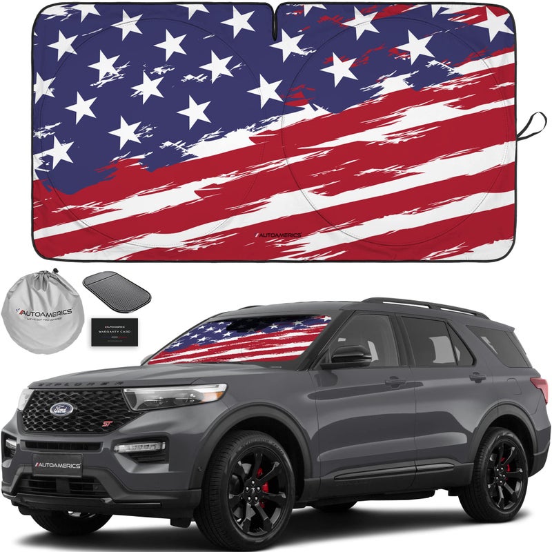 Autoamerics 1-Piece Windshield Sun Shade USA Art Flag - 2 American Design - Foldable Car Front Window Sunshade for Most Sedans SUV Truck - Blocks Max UV Rays and Keeps Your Vehicle Cool - Medium - Image 1