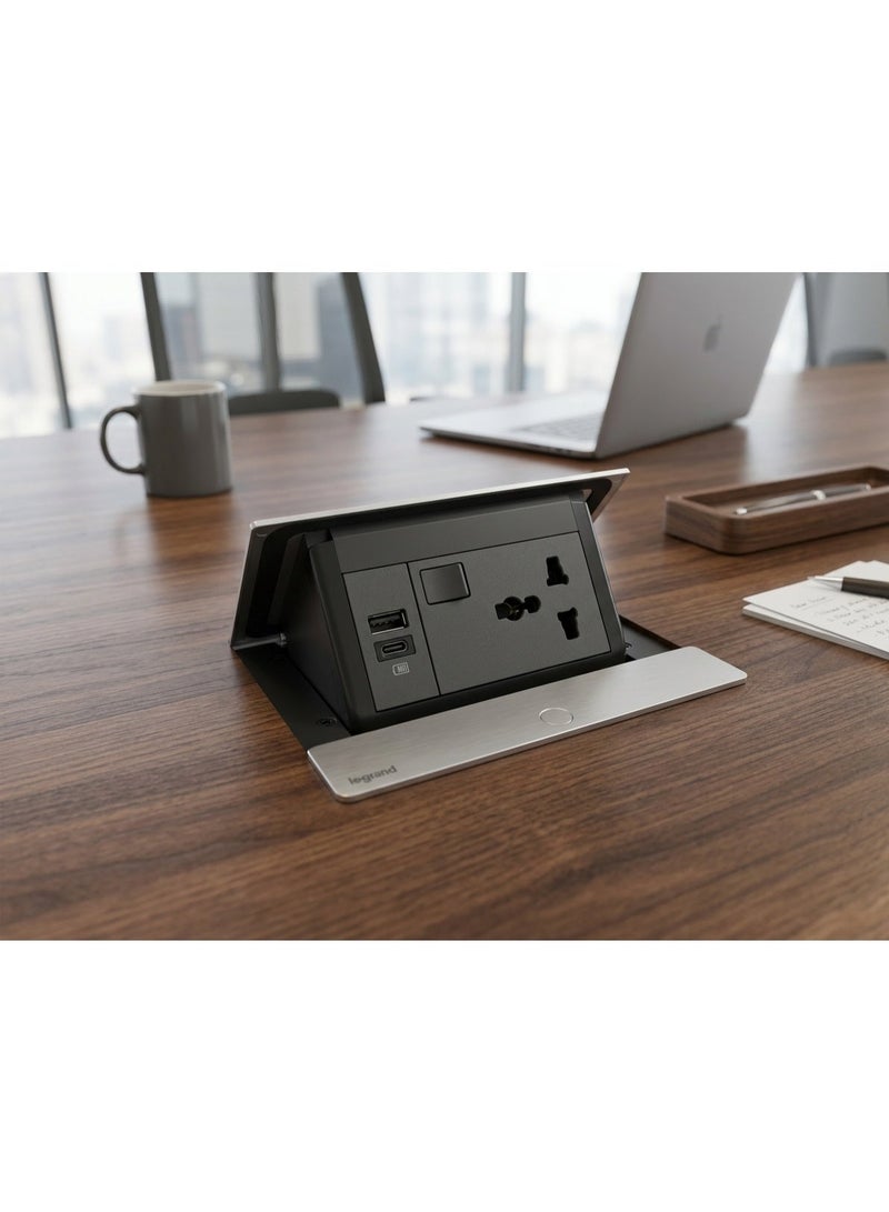 Legrand Incara Pop-Up Socket | Table Power Outlet with USB Charging | Concealed Desk & Conference Table Socket | Premium Furniture Power Module | Aluminum Finish - Image 1