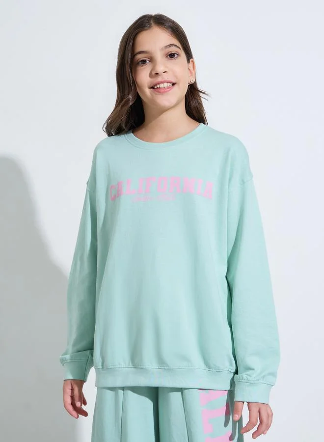 Styli Teen Girls Mint Green Slogan Print Oversized Sweatshirt and Joggers Set
