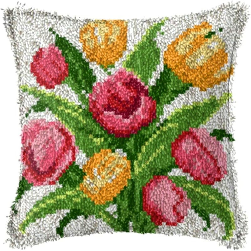 LAPATAIN Latch Hook Kits for DIY Throw Pillow Cover,Tulips Needlework Cushion Cover Hand Craft Crochet 17x17inch - Image 1