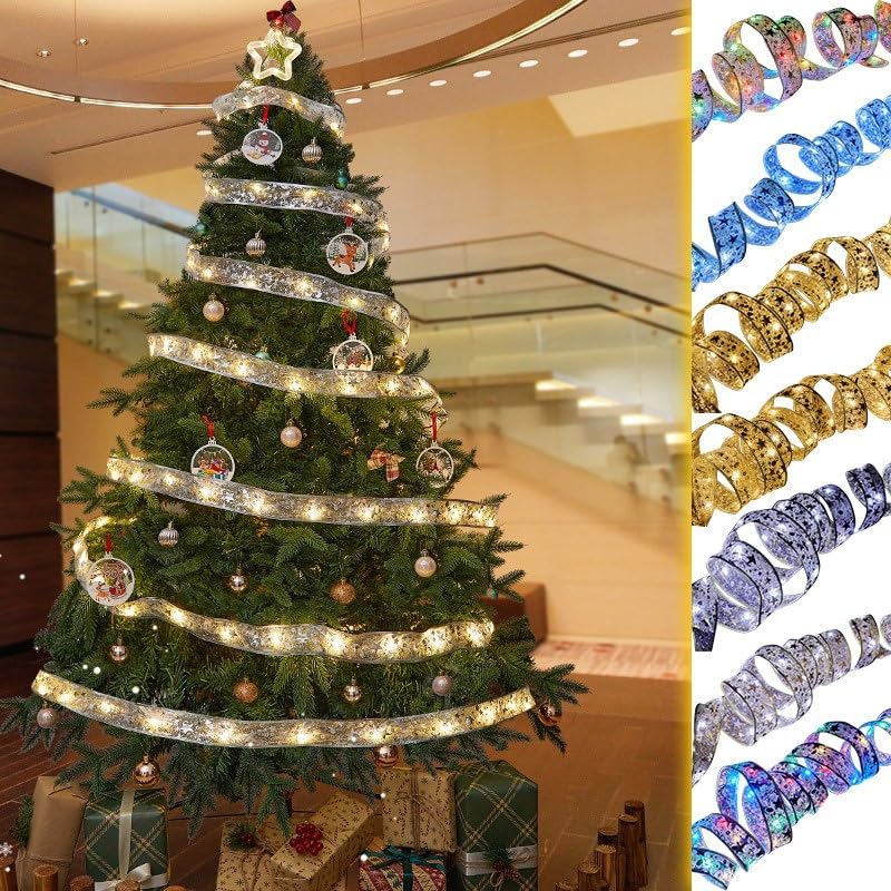 klarako 393.7IN Christmas Ribbon Lights 100 LED Lights Double Layer Copper Wire Ribbon Bows Fairy Strings Lights for Weddings New Year Christmas Tree Decorations, Christmas Tree Ribbon String Lights (G) - Image 5