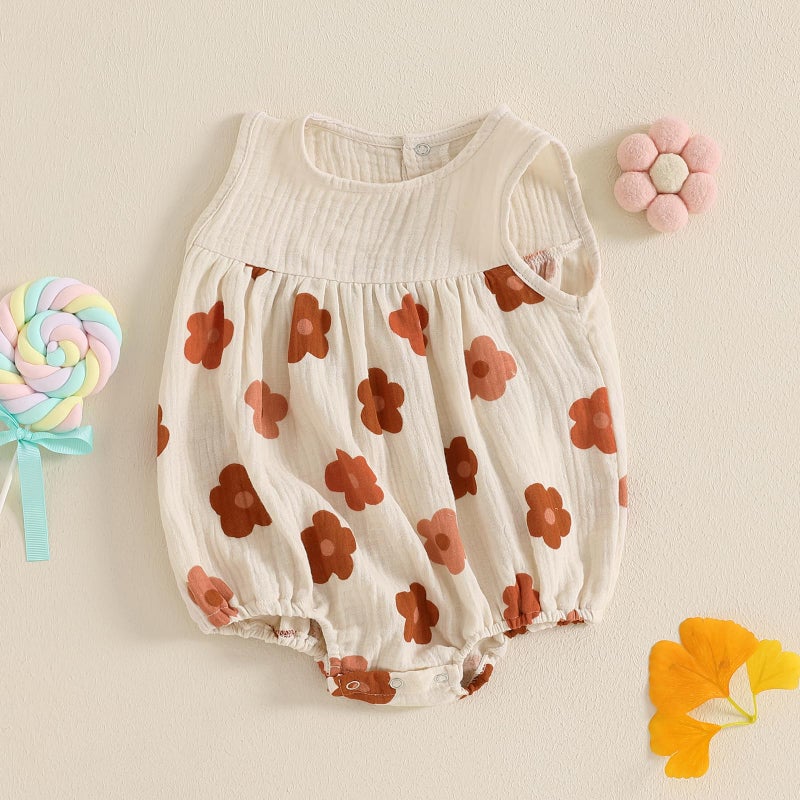 BemeyourBBs Newborn Baby Girl Summer Clothes Sleeveless Bubble Romper Jumpsuit Top Infant Clothing Cute Baby Girl Outfits (Flower Brown, 0-3 Months) - Image 2