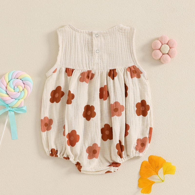 BemeyourBBs Newborn Baby Girl Summer Clothes Sleeveless Bubble Romper Jumpsuit Top Infant Clothing Cute Baby Girl Outfits (Flower Brown, 0-3 Months) - Image 3