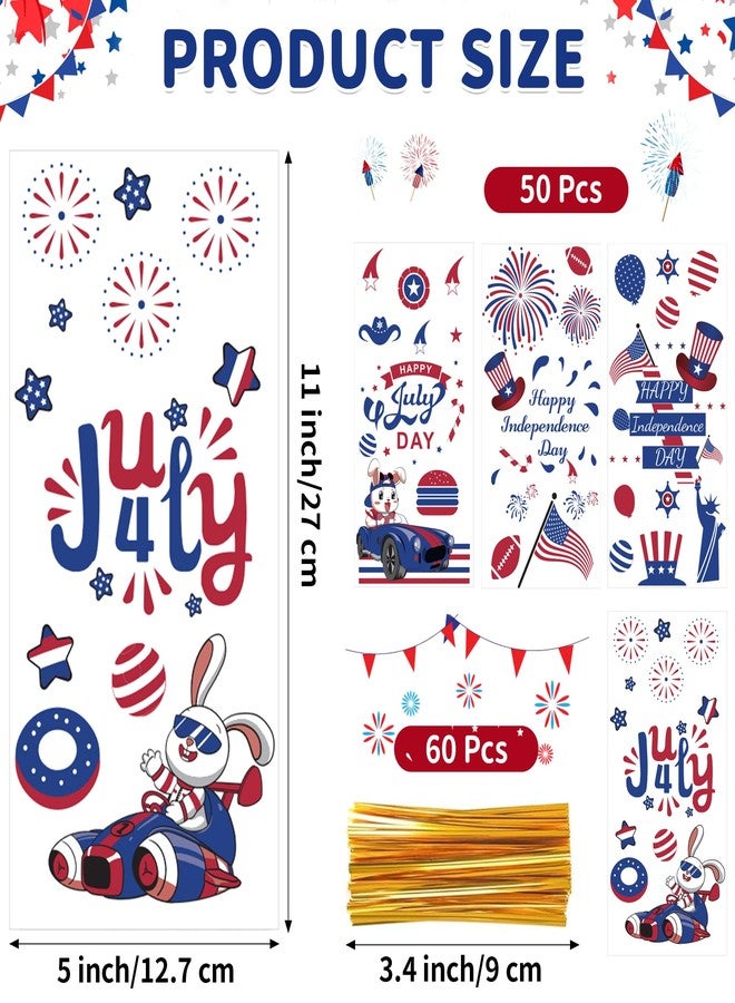 QOIUSO 50 Pcs 4th of July Cellophane Treat Bags - Patriotic Candy Goodie Bags with Gold Twist Ties - Clear Independence Day Party Favor Bags for Cookies, Snacks, Gift Packaging Supplies - Image 2