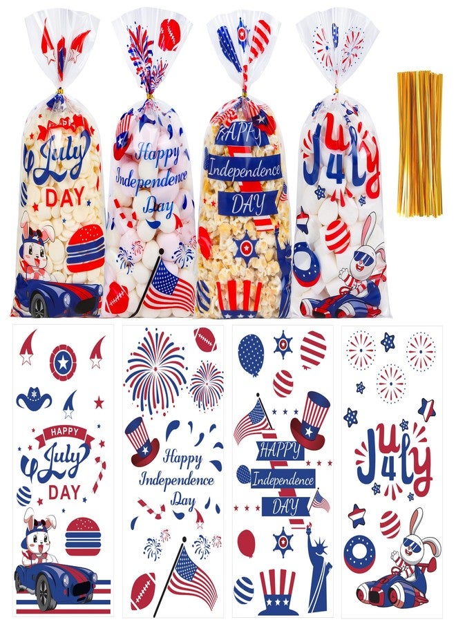 QOIUSO 50 Pcs 4th of July Cellophane Treat Bags - Patriotic Candy Goodie Bags with Gold Twist Ties - Clear Independence Day Party Favor Bags for Cookies, Snacks, Gift Packaging Supplies - Image 1