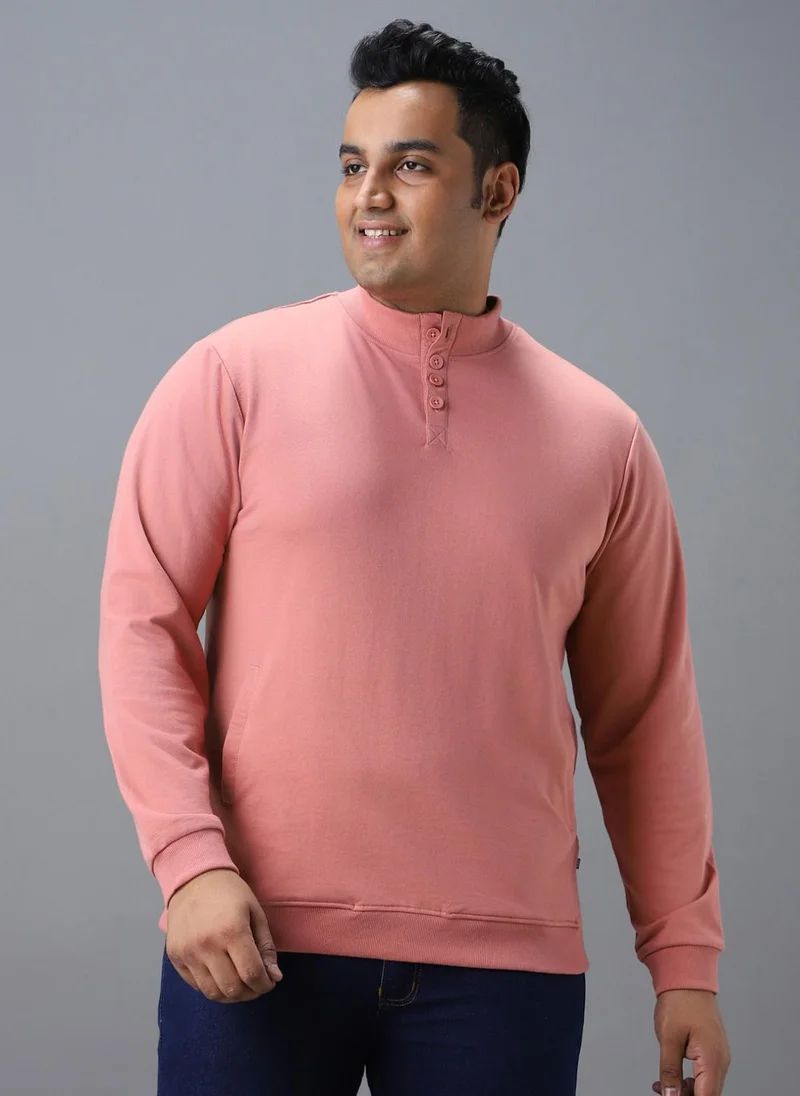 Urbano Plus Men's Pink Cotton Solid Button High Neck Sweatshirt