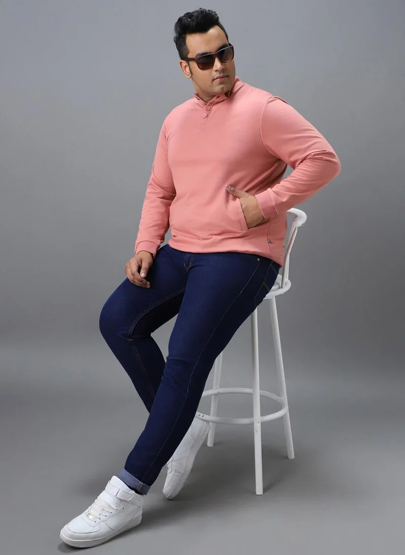 Urbano Fashion  Urbano Plus Men's Pink Cotton Solid Button High Neck Sweatshirt for Men | Best Price UAE