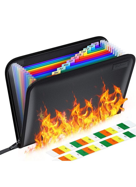 12 Pockets Fireproof File Folder Organizer A4/Letter Size Water Resistant Document Bag Money Briefcase Filing Folder With Silicone Coated Expanding File Organizer Pouch Storage With Zipper