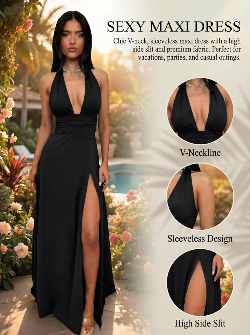 Ekaliy Womens Sexy Halter Deep V Neck Maxi Dress Sleeveless Backless Split Long Dress Black S - Image 5