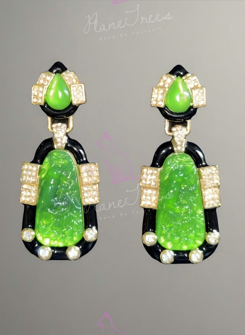 PLANE TREES Jade-Inspired Drop Earrings – Luxurious Green Stone with Gold & Black Detailing – Elegant Statement Jewelry for Women - Image 1