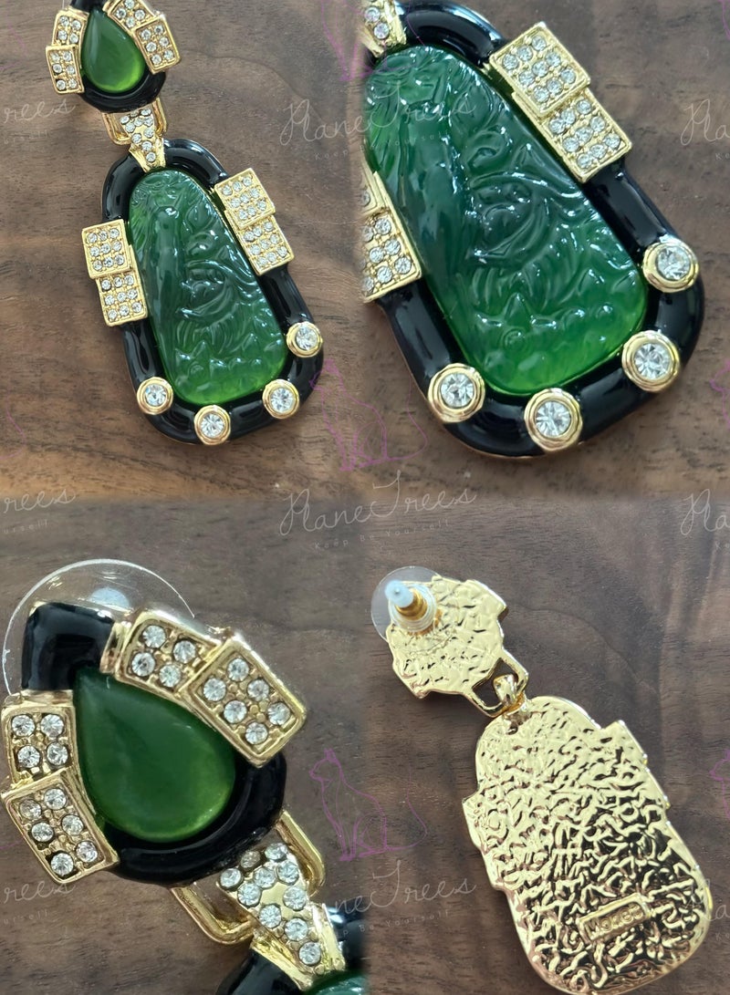 PLANE TREES Jade-Inspired Drop Earrings – Luxurious Green Stone with Gold & Black Detailing – Elegant Statement Jewelry for Women - Image 2