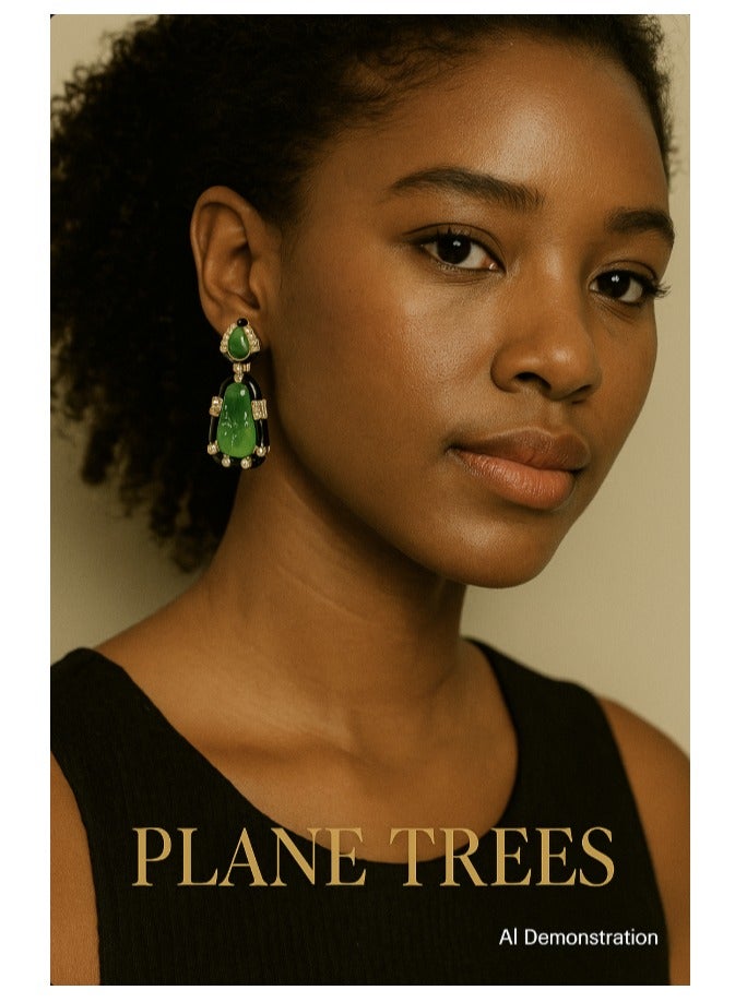 PLANE TREES Jade-Inspired Drop Earrings – Luxurious Green Stone with Gold & Black Detailing – Elegant Statement Jewelry for Women - Image 3