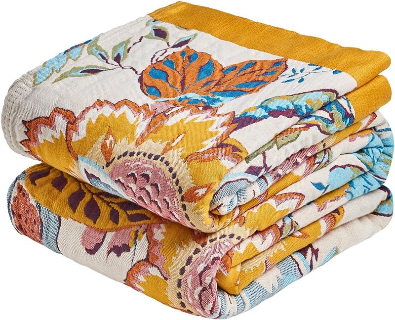 LUTBM Boho Throw Blanket for Couch Sofa Chair Cotton Blankets for Bedroom Living Room All Season Lightweight Reversible Floral Embroidery Throws 50"x60" - Image 1