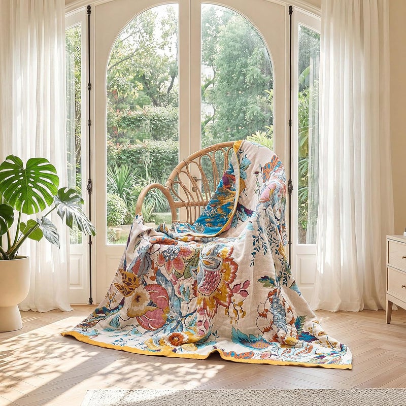 LUTBM Boho Throw Blanket for Couch Sofa Chair Cotton Blankets for Bedroom Living Room All Season Lightweight Reversible Floral Embroidery Throws 50"x60" - Image 5