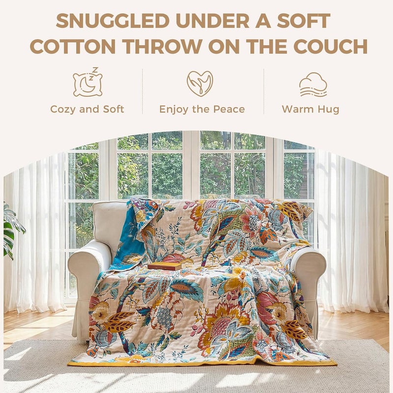 LUTBM Boho Throw Blanket for Couch Sofa Chair Cotton Blankets for Bedroom Living Room All Season Lightweight Reversible Floral Embroidery Throws 50"x60" - Image 4
