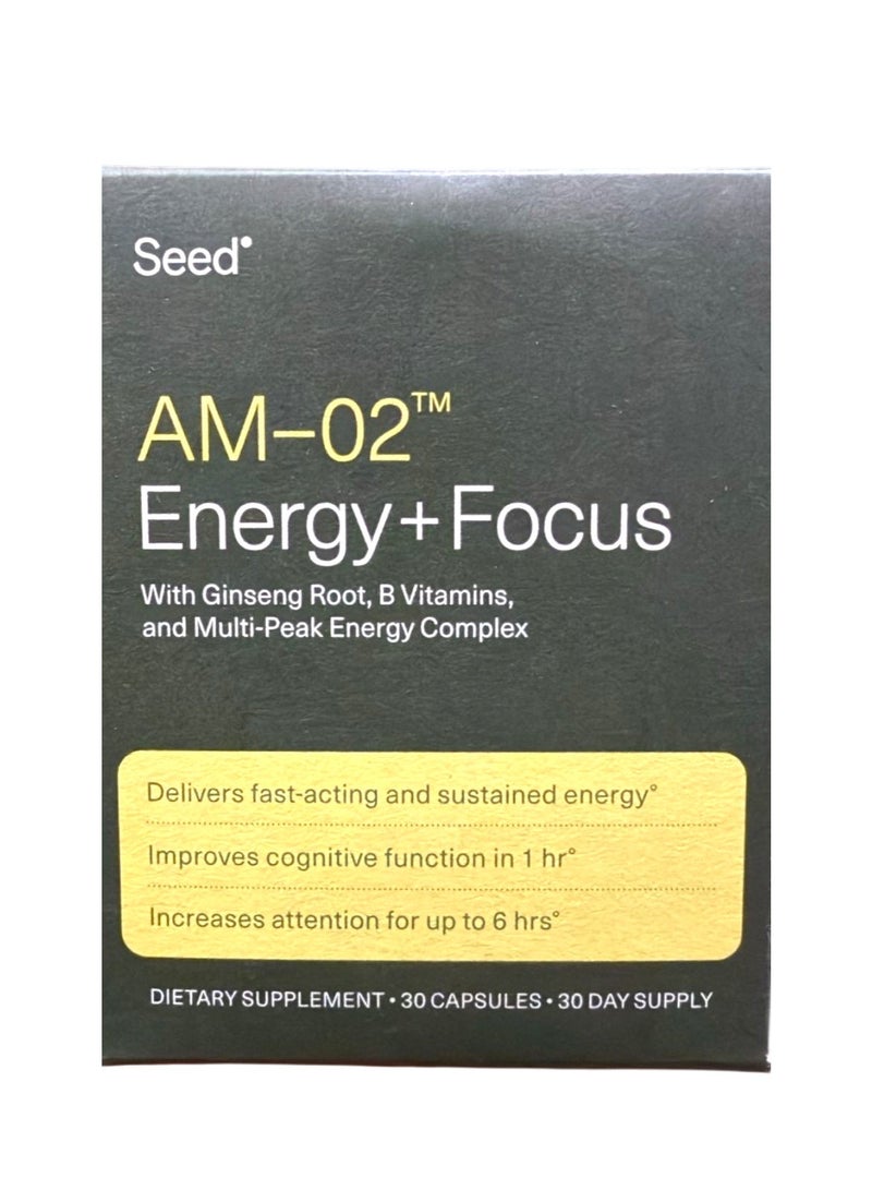 Seed AM-02 طاقة + تركيز - مكمل غذائي نوتروبي يومي للنساء والرجال - طاقة سريعة المفعول ومستدامة لمدة تصل إلى 6 ساعات - خالي من الكافيين نباتي وثابت على الرف - 30 كبسولة (إمداد لمدة 30 يومًا) - Image 1
