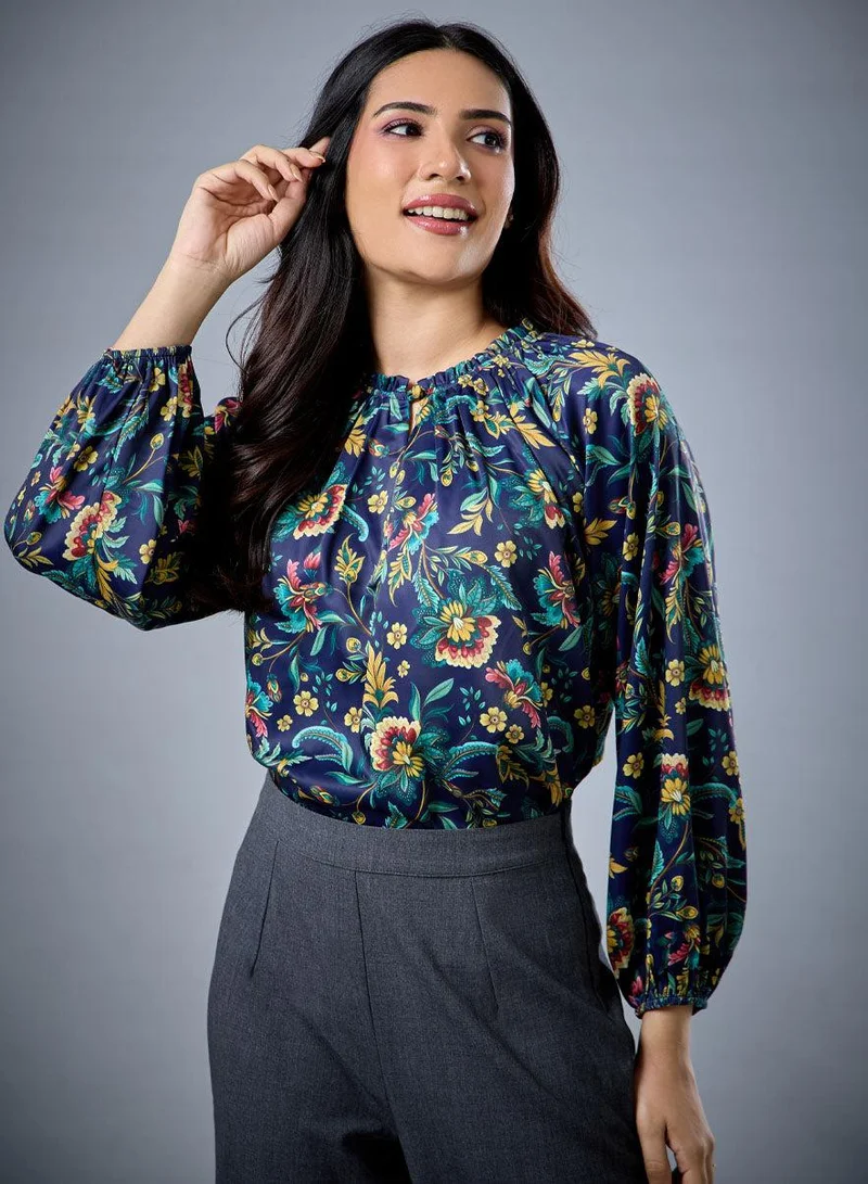 Zigzag Long Sleeve Bold Green Floral Top