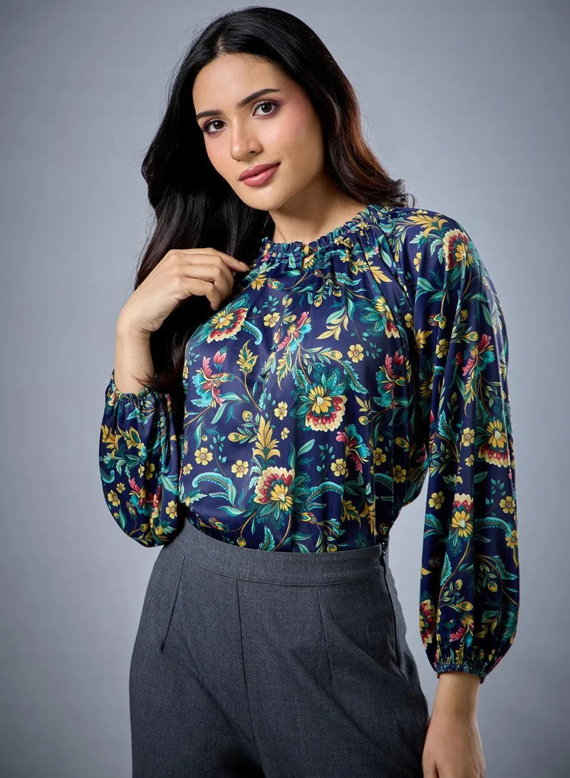 Zigzag Long Sleeve Bold Green Floral Top