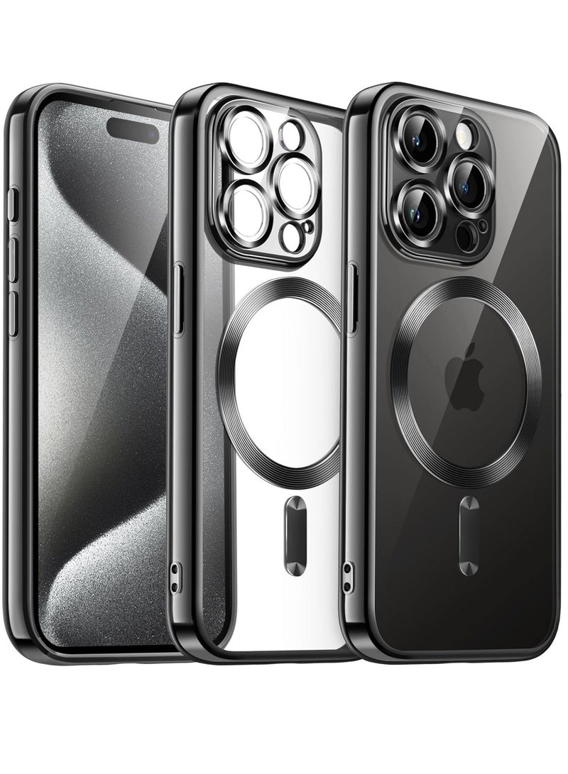 MUNTAQI Electroplated Case for iPhone 15 Pro Max 6.7-Inch, Camera Lens Full Protection, Compatible with MagSafe Wireless Charging, Shockproof Soft TPU Phone Cover (Black) - Image 1