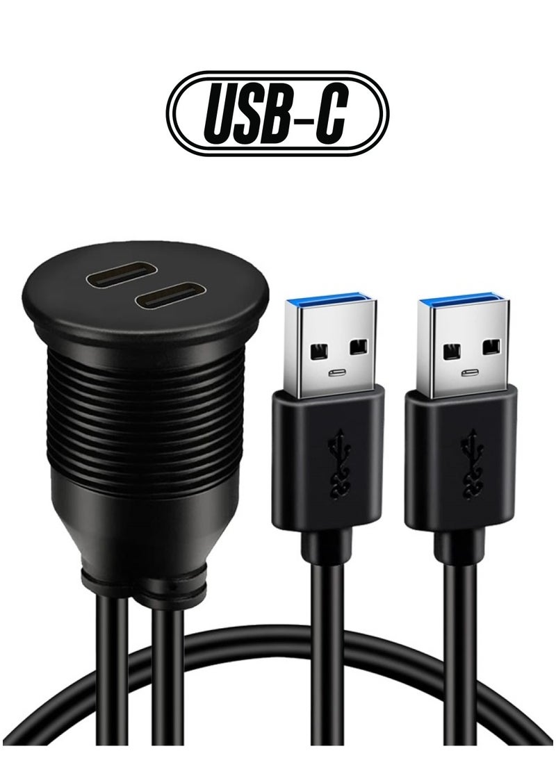 Dual Port USB 3.0 Male to 2 Ports Type C 3.0 Female Car Flush Mount Cable USB C 3.0 Panel Mount Extension Cable for Car Truck Boat Motorcycle - 3ft